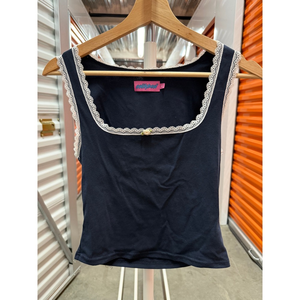 Edikted Navy Blue Lace Women M Trim Coquette Rosette Square Neck Sleeveless